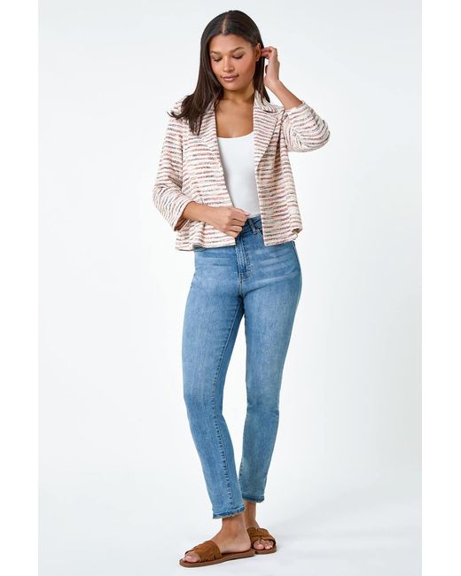 Roman White Stripe Textured 3/4 Sleeve Cotton Blend Jacket