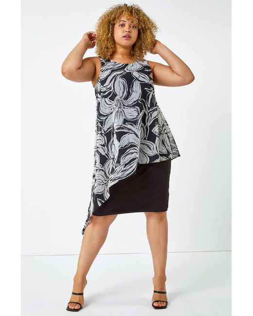 Roman Curve Black Contrast Floral Chiffon Overlay Dress