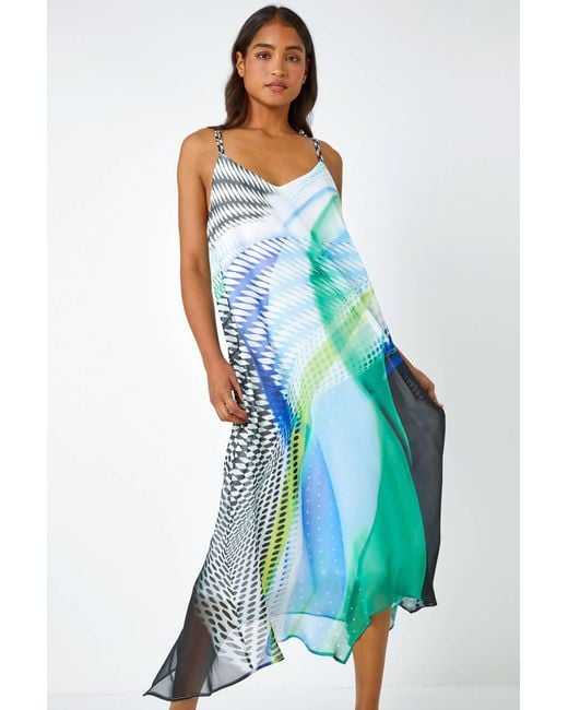 Roman Blue Abstract Chiffon Hanky Hem Midi Dress