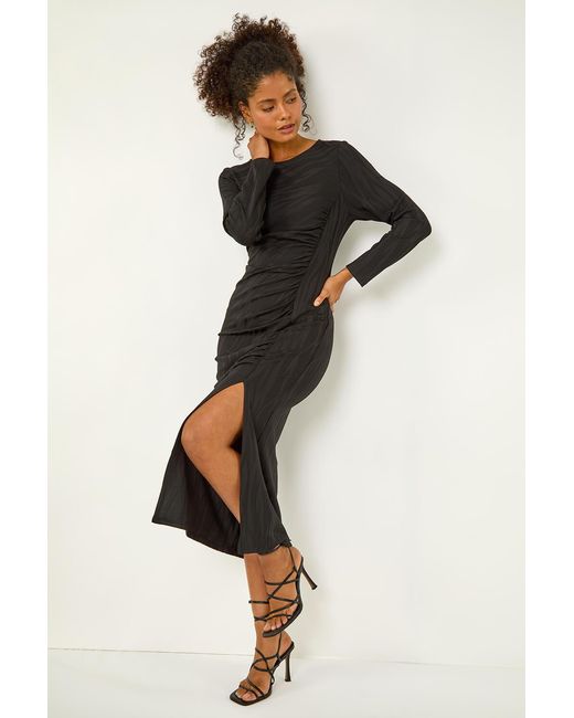 D.u.s.k Black Textured Ruched Stretch Midi Dress