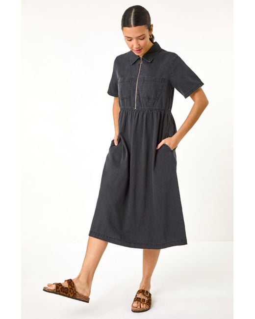 Roman Denim Zip A-Line Midi Dress in Blue | Lyst UK