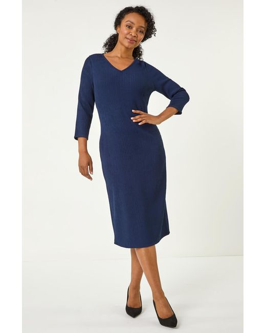 Roman Petite Blue Textured V-Neck Midi Dress
