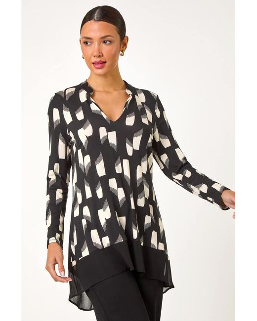 Roman Black Abstract Print Chiffon Hem Stretch Top