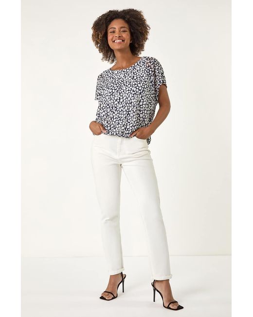Roman Blue Printed Lace Bubble Hem Top