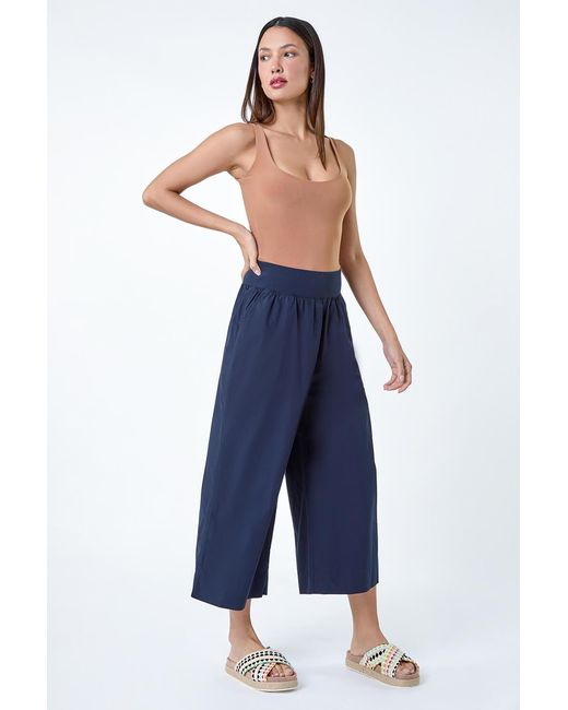 Roman Blue Elastic Waist Wide Leg Cotton Cropped Culottes
