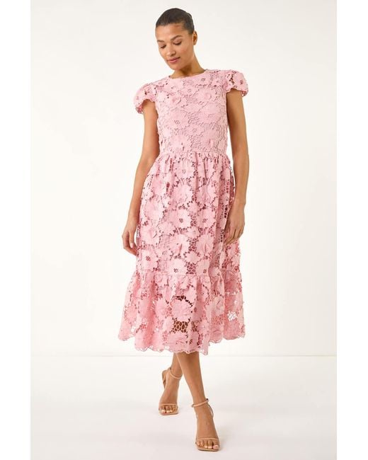 Roman Pink Crochet Floral Lace Midi Dress