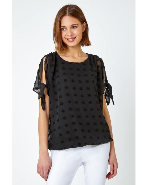 Roman Black Textured Spot Split Sleeve Chiffon Top