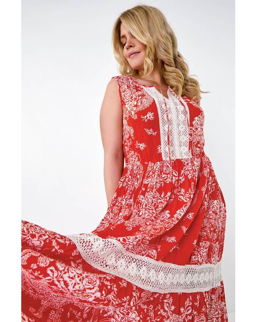 Roman Curve Red Broderie Boho Printed Maxi Dress