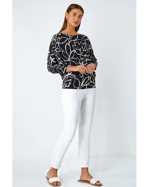 Roman Black Contrast Floral Linear Print Stretch Top