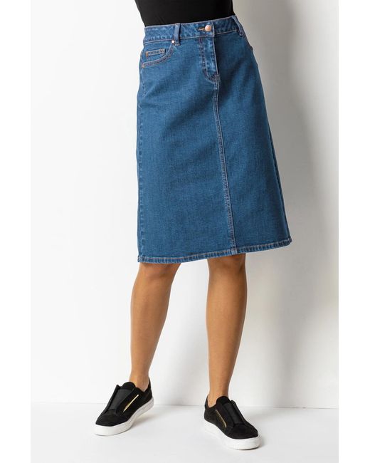 Roman Blue Cotton Denim Stretch A Line Skirt