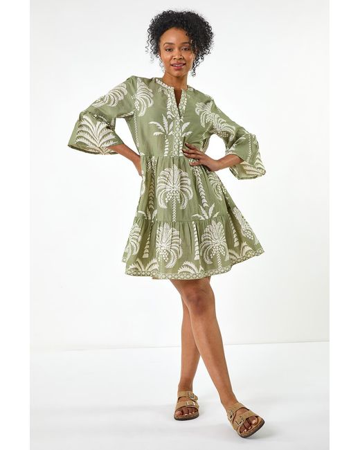 Roman Petite Green Tropical Tiered Dress