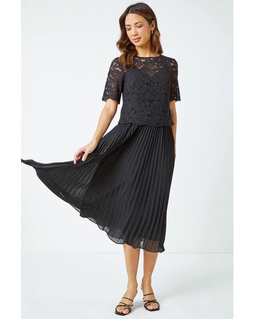 Roman Black Lace Top Overlay Pleated Midi Dress