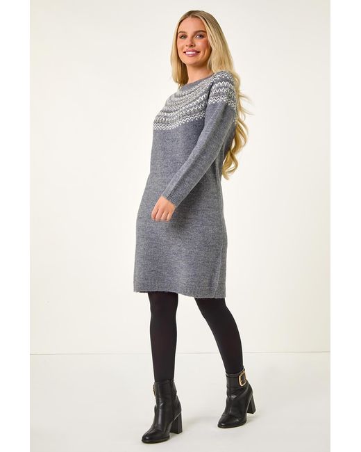 Roman Petite Blue Fairisle Knit Jumper Dress