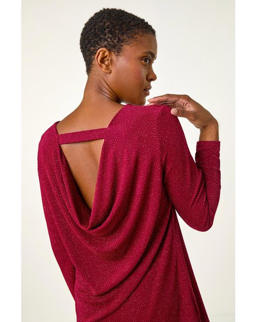 Roman Red Glitter Cowl Back Stretch Tunic Top
