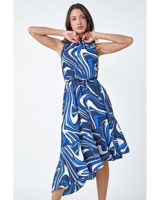 Roman Blue Sleeveless Swirl Print Asymmetric Midi Dress