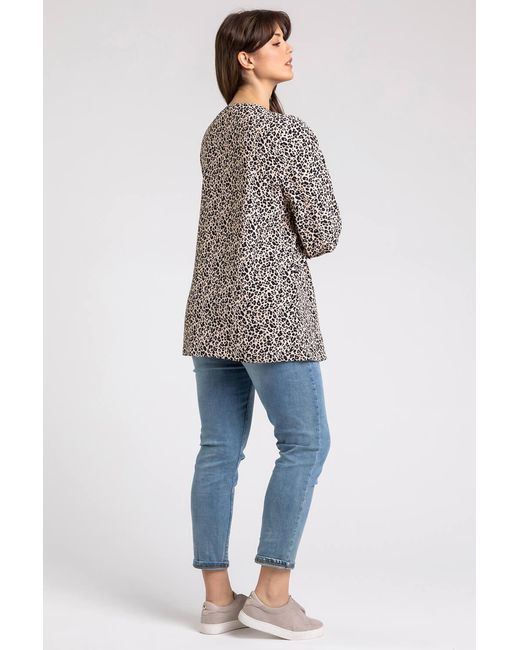 Roman Curve Natural Animal Print Frill Detail Top