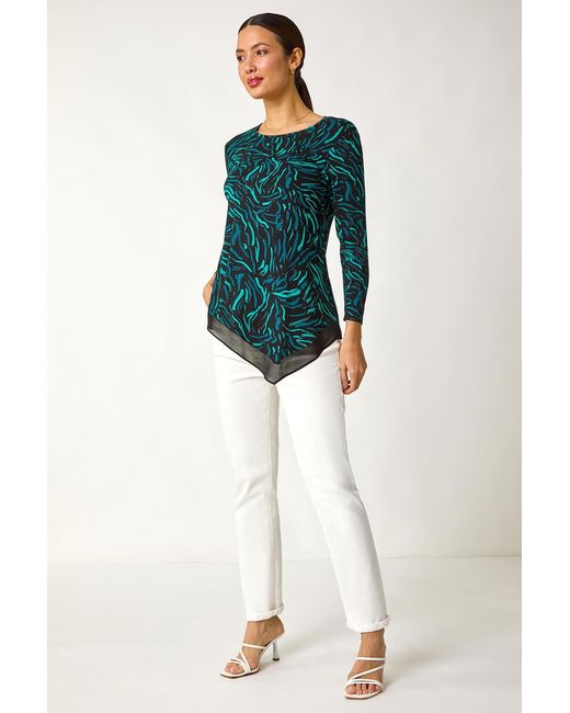 Roman Green Linear Print Chiffon Hem Stretch Top