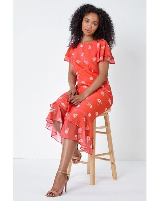 Roman Petite Floral Chiffon Frill Tiered Midi Dress