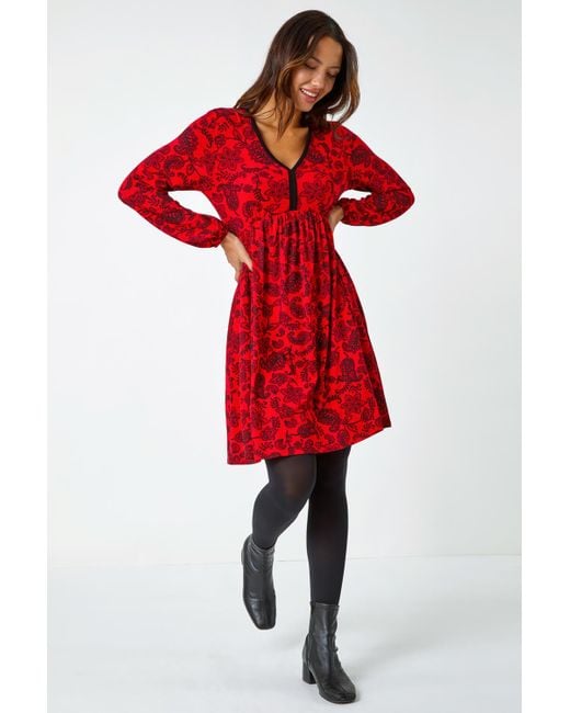 Roman Red Floral Print Stretch Jersey Dress