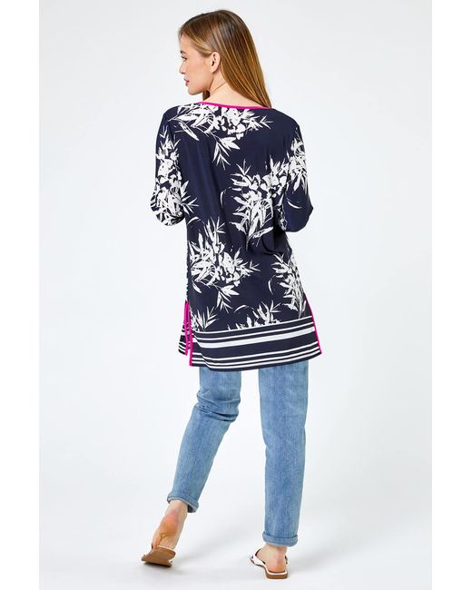 Roman Petite Blue Floral Contrast Trim Tunic Top