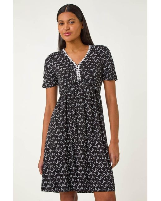 Roman Black Ditsy Floral Print Trim Dress