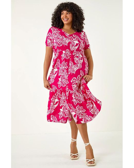 Roman Curve Pink Floral Print Tiered Midi Dress