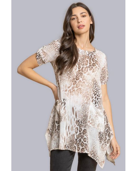 Roman Brown Animal Print Hanky Hem Tunic Top