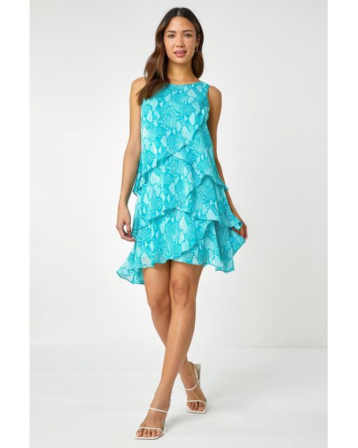 Roman Blue Animal Print Asymmetric Tiered Dress