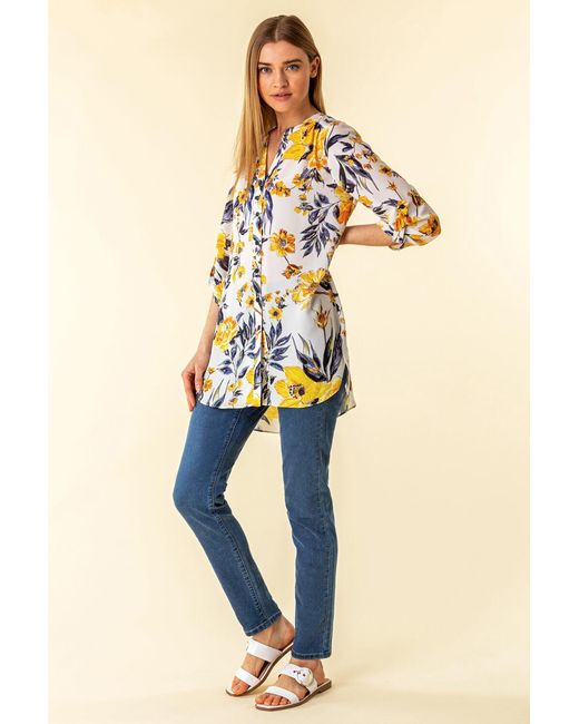 Roman Yellow Floral Button Through Tunic Blouse