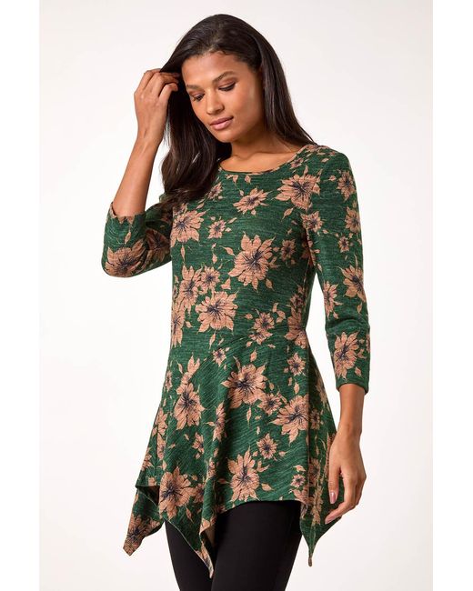 Roman Green Floral Print Hanky Hem Stretch Top