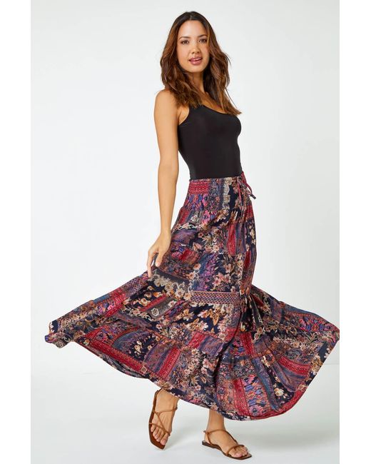 Roman Boho Floral Shirred Waist Maxi Skirt