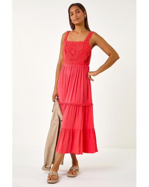 Roman Red Crochet Detail Cotton Blend Maxi Dress