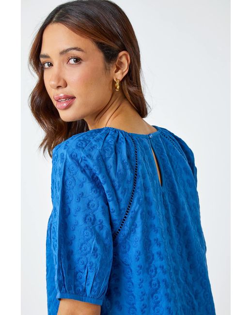 Roman Blue Broderie Puff Sleeve Cotton Top