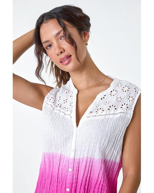 Roman Pink Ombre Embroidered V-Neck Crinkle Blouse