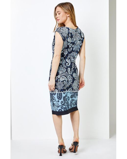 Roman Petite Blue Paisley Print Tie Waist Dress