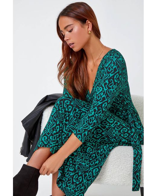 Roman Petite Green Aztec Print Tiered Stretch Dress