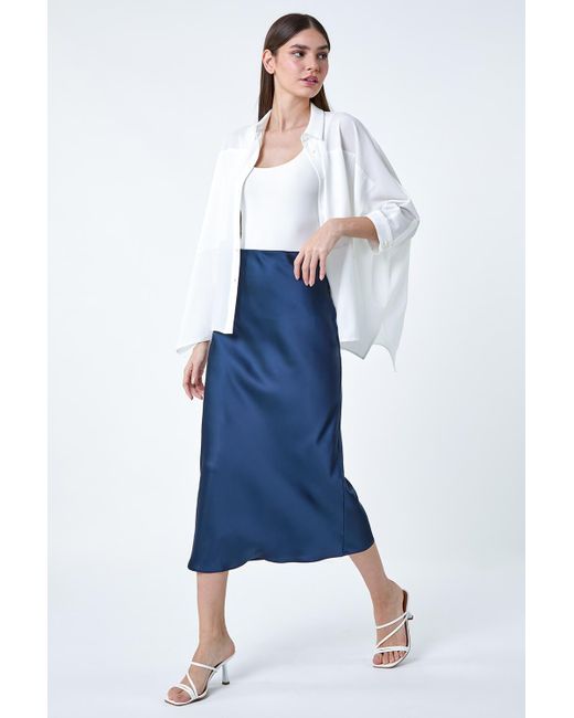 Roman Blue Satin Bias Cut Midi Skirt