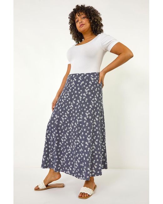 Roman Curve Blue Daisy Print Midi Skirt
