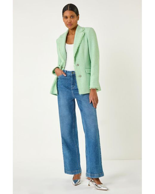 Roman Green Textured Frayed Edge Boucle Button Jacket
