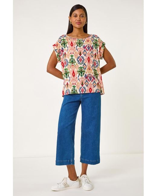 Roman Blue Abstract Print Cuff Sleeve Top