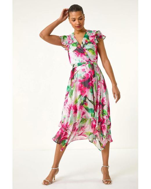 Roman White Floral Ruffle Tie Waist Midi Dress