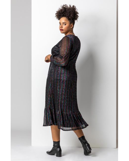 Roman Curve Black Metallic Plisse Frill Hem Dress