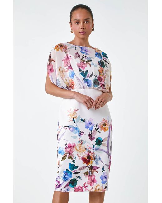 Roman Petite White Floral Chiffon Blouson Overlay Dress
