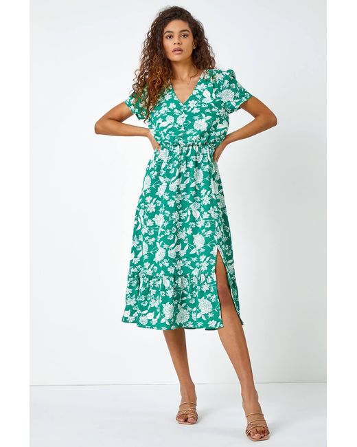 Roman Green Floral Button Through Midi Dress