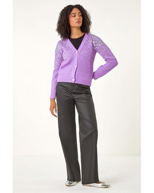 Roman Purple Sequin Knit Button-Up Cardigan