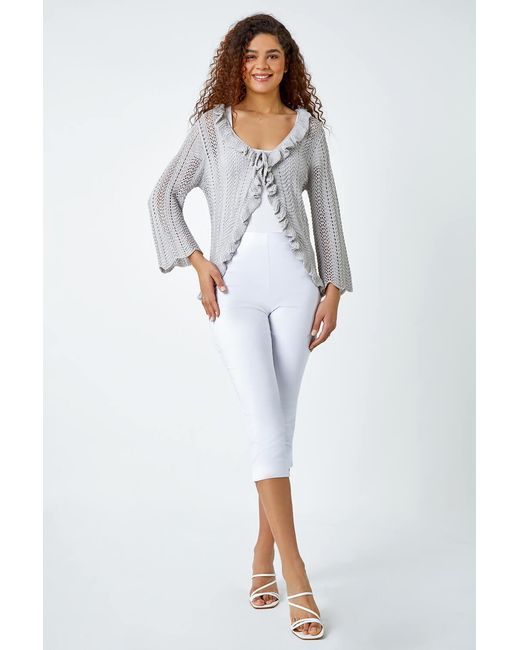 Roman Gray Pointelle Knit Frill Trim V-Neck Cardigan