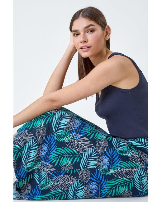 Roman Blue Leaf Print Linen Blend A-line Skirt