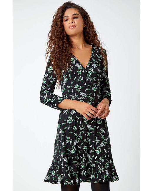 Roman Black Leaf Print Frill Hem Wrap Stretch Dress