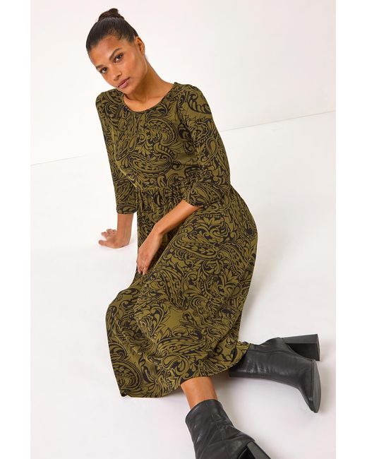 Roman Green Paisley Print Gathered Stretch Midi Dress