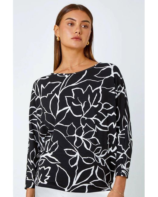 Roman Black Contrast Floral Linear Print Stretch Top